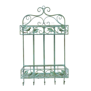铁艺复古做旧绿色柳叶小鸟楼梯花架置物架双层餐车手推车实用花架