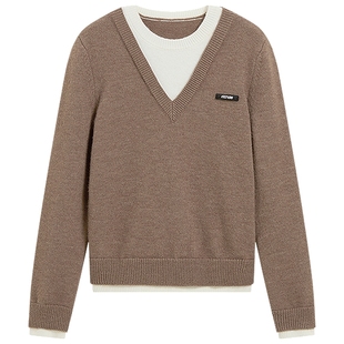 [博主同款]KBNE32支羊绒学院毛衣2025冬新款v领假两件针织衫上衣