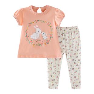2025春夏新款女童短袖套装卡通兔纯棉时髦洋气儿童上衣长裤两件套