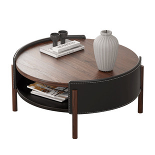 世匠北欧实木茶几客厅坐地豆荚茶几日式榻榻米胡桃木马鞍皮小圆桌