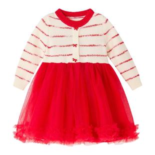 笛莎童装女童连衣裙冬季新款儿童女孩宝宝加绒针织公主裙红色新年