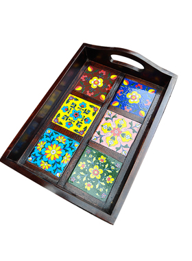 印度进口实木彩瓷多用托盘果盘手工复古点心零食盘桌面装饰收纳盘