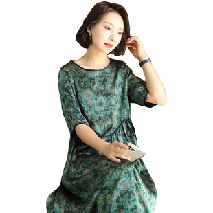 妈妈杭州丝绸真丝连衣裙复古印花桑蚕丝女装2024新款显瘦裙子