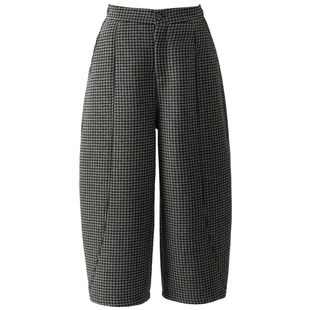 小个子加绒格子裤阔腿裤女2025新款冬季千鸟格裤子休闲八分弯刀裤