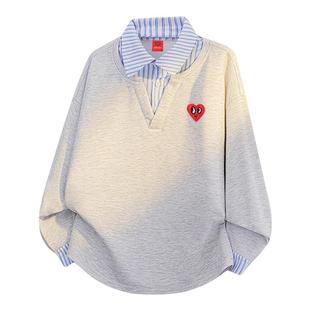 查尔斯桃心假两件衬衫领卫衣男春秋季设计感拼接宽松休闲情侣上衣