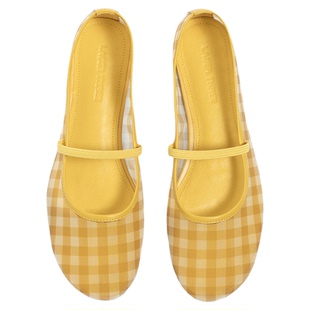 LABERTHREE26春新品轻量感格子布玛丽珍女复古田园风一字绑带单鞋