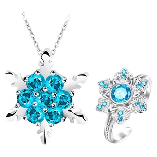 儿童项链女童水晶蓝色高级饰品宝石艾莎公主雪花吊坠戒指小孩套装