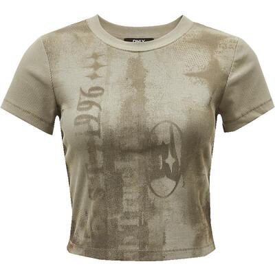 【ONLY奥莱】春夏新款休闲时尚复古印花螺纹修身短袖T恤女