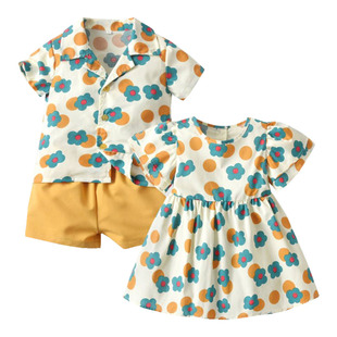 舒适龙凤胎宝宝夏装外贸兄妹装中小童清新薄碎花连衣裙衬衫夏套装