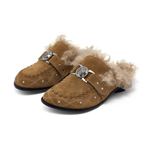 SUGARSU酥履 秋冬新款复古毛绒穆勒真皮时尚勃肯鞋半拖外穿女