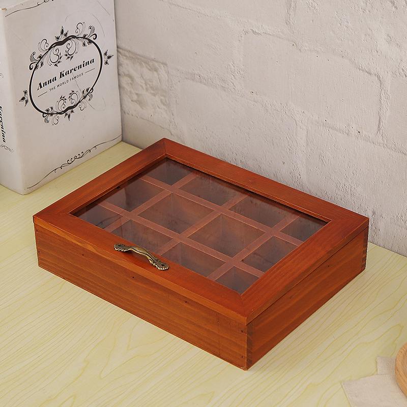 复古透明亚克力带盖拉手饰品整理盒展示12格格子收纳盒盒实木首饰