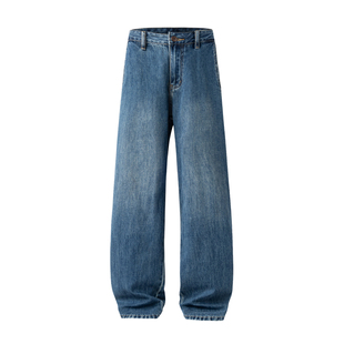 ISTURE美式复古水洗磨白中蓝色牛仔裤男女宽松百搭直筒休闲长裤子