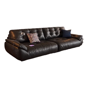 云朵真皮沙发头层牛皮意式复古三人直排客厅黑色中古太空云端沙发