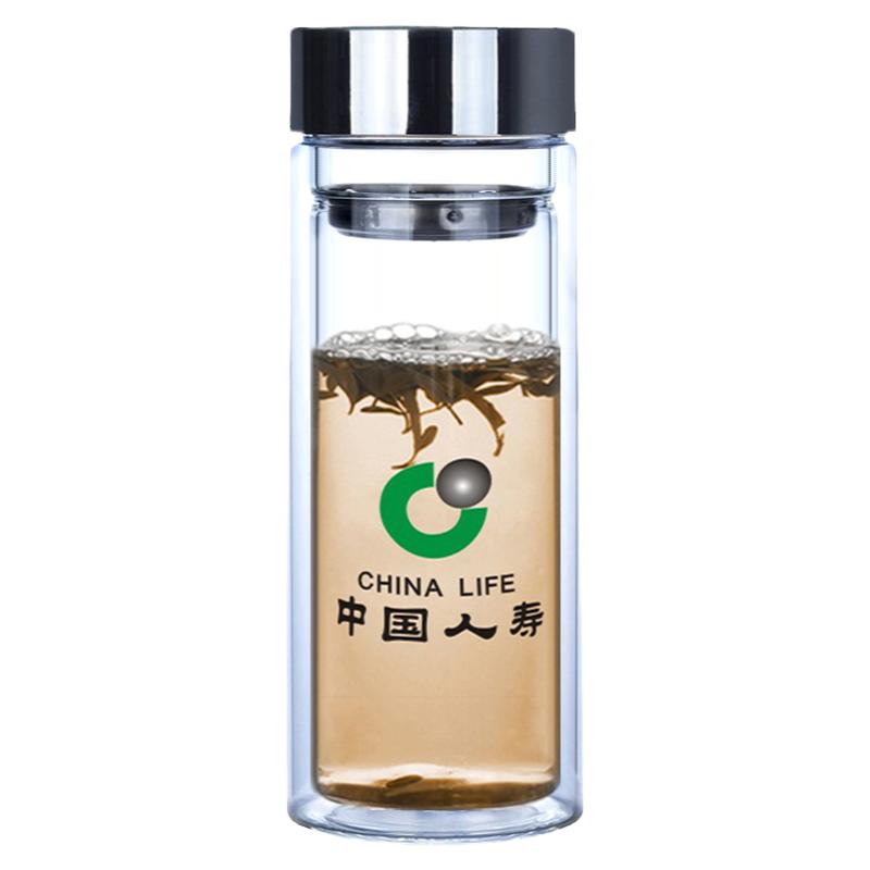 渊之源定制logo中国人寿保险广告双层玻璃杯礼品纪念定做杯子刻字