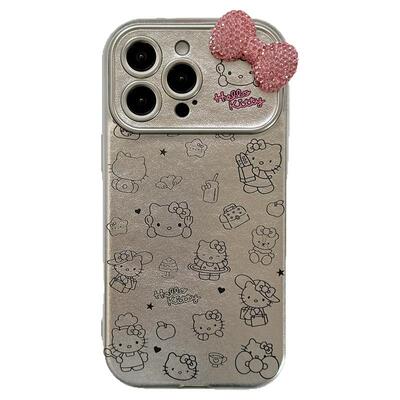 立体水钻蝴蝶结KT猫带挂绳适用iphone16promax手机壳苹果13新款15promax皮质银色14小众高级12全包保护套女款