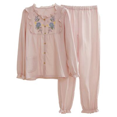 睡衣秋季女款高级刺绣纯棉双层纱布日系优雅清新长袖家居服两件套