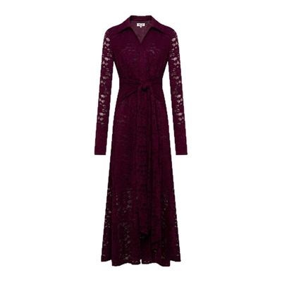 DVF梅子红弹力蕾丝连衣裙