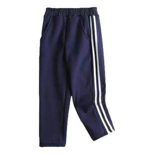 男女童纯棉红白条纹两杠加绒校服裤小学生藏青蓝色红色运动裤长裤