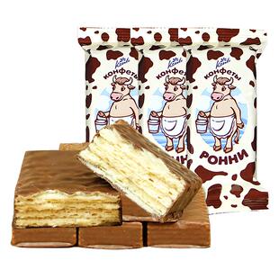 俄罗斯大牛威化进口食品康吉konti大奶牛巧克力夹心零食饼干500g