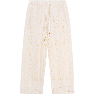 落落狷介 裤子宽松bf慵懒风米色松紧腰系带直筒裤刺绣镂空蕾丝裤