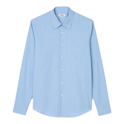 SANDRO Outlets秋冬男装法式时尚休闲棉质天蓝色条纹翻领衬衫上衣