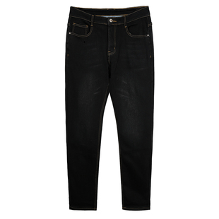 才子男装加绒加厚牛仔裤男2025冬季新款保暖修身水洗休闲黑色裤子