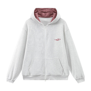 江南先生NewJNXS高克重宽松连帽开衫卫衣春休闲格纹拼接外套男女