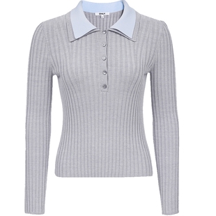 ONLY2025冬季新款双层翻领高智感正肩修身显瘦细密条纹针织衫女