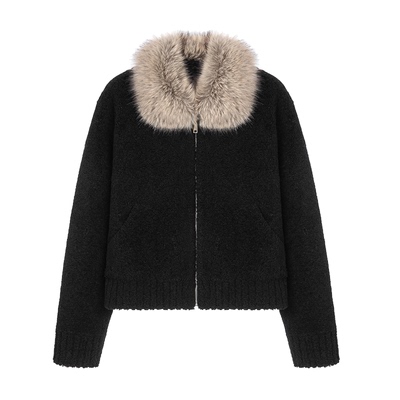 藤姐同款黑色复古毛领小颗粒外套