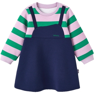 英氏儿童裙子秋季女童长袖连衣裙假两件春秋季加绒保暖宝宝连衣裙