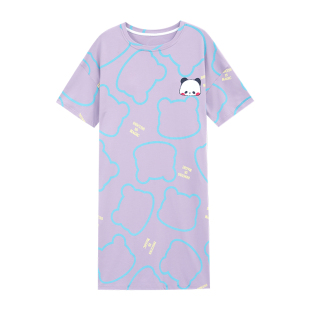 带胸垫一体睡裙女夏季纯棉长款过膝睡衣夏天大码胖mm家居服连衣裙