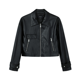 经典黑色PU皮衣外套女MOFAN摩凡2025秋新款时尚休闲皮夹克短外套