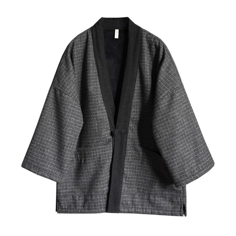 中式复古秋冬男士休闲毛呢加绒汉服潮流文艺七分袖道袍外套