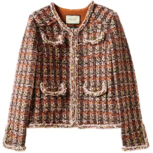 WWT06096 茉莉雅集 香*风红色古巴英国空运羊毛棉粗花呢外套