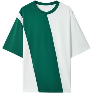 重磅圆领拼接色短袖T恤男士夏季薄款日系透气体恤宽松休闲半袖t男