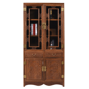 红木家具 全鸡翅木书房玻璃书柜组合 仿古中式实木落地书架书橱柜