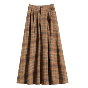 冬季加厚复古格子毛呢半身裙女秋冬新款绿色百褶裙子半裙长裙伞裙