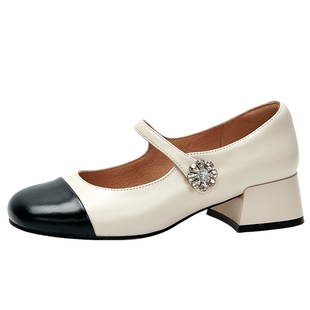 陈瑶同款百田森法式绝美小高跟单鞋羊皮玛丽珍鞋真皮小香风鞋子