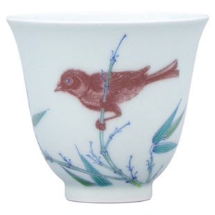 二亭釉里红茶杯 斗彩鸟鸣翠竹铃铛杯 景德镇手绘釉下彩瓷器