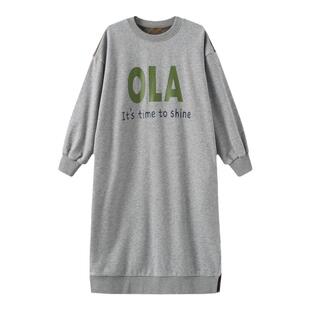 OLAMIMI定制2024秋 亲子撞色拼接格纹休闲字母印花宽松长款卫衣裙