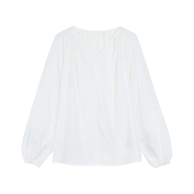 pusumede慵懒夏日莱赛尔亚麻法式v领衬衫女白色宽松长袖防晒上衣