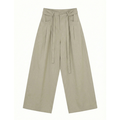 NOON配飘带压褶廓形休闲裤