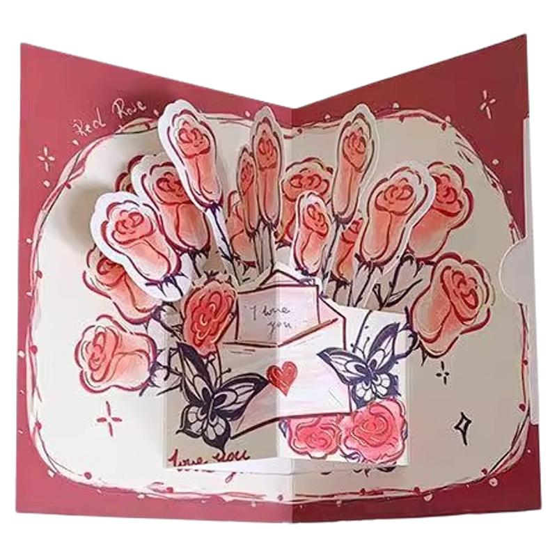 立体玫瑰贺卡ins高颜值复古3D可折叠祝福卡片带信封闺蜜情侣礼物