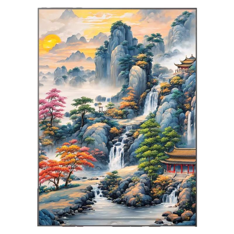 5d仙境国画山水钻石画2026新款古典风景粘贴点满钻十字绣玄关竖版