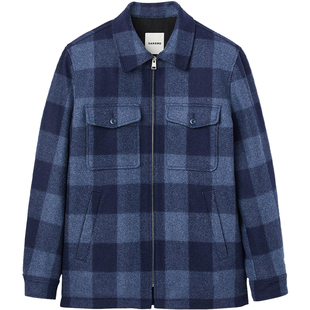 SANDRO Outlets秋冬男装法式休闲羊毛混纺蓝色撞色格纹翻领外套