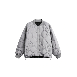 FOFWMODE冬季棒球领羽绒服男女宽松情侣款美式菱形格子面包服外套