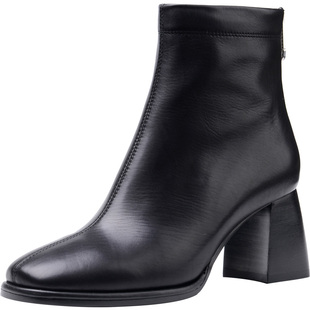 VDVC法式优雅新款方头粗跟真皮短靴裸靴牛皮高跟烟筒靴6cm女靴子