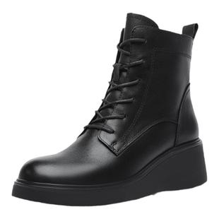 金利来女鞋秋冬加绒保暖真皮坡跟短靴百搭小个子增高厚底马丁靴女