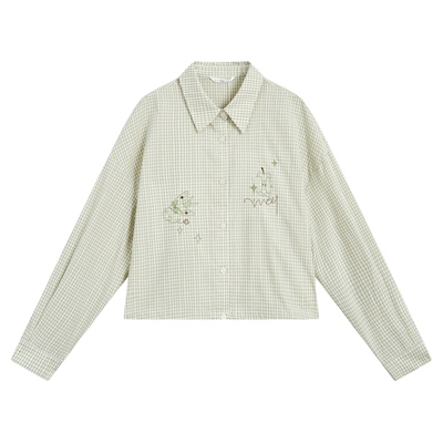 紫涵绿色格纹长袖衬衫女士夏季新款刺绣图案清新内搭直筒宽松衬衣