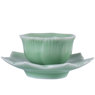 青瓷茶具小茶杯莲花杯带托盘功夫茶杯品茗杯个人单杯手工陶瓷茶盏